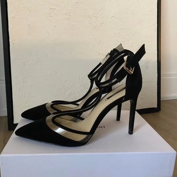 ZARA PLEXI BLACK SUEDE CLEAR VINYL ANKLE STRAPPY STILETTO HEELS POINTED TOE 8 - Picture 4 of 9